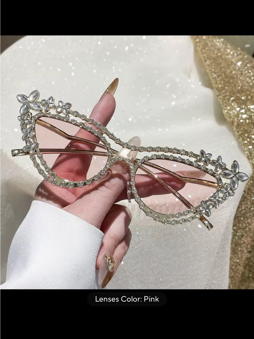 Crystal Floral Cat-Eye Sunglasses - Tan Lenses